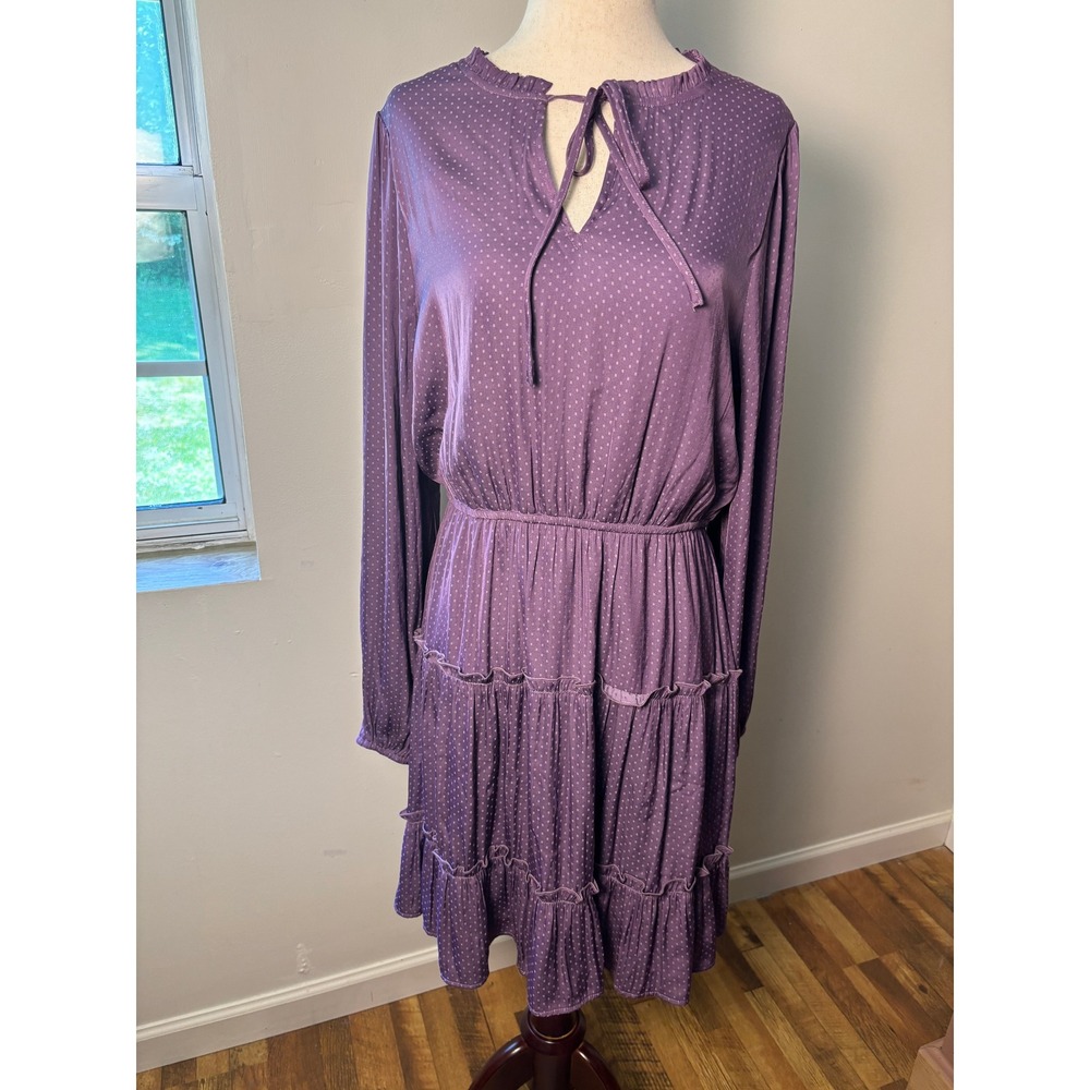 Cato Purple Ruffle Dress Tie Neck Tiered Midi Romantic Cottagecore‎